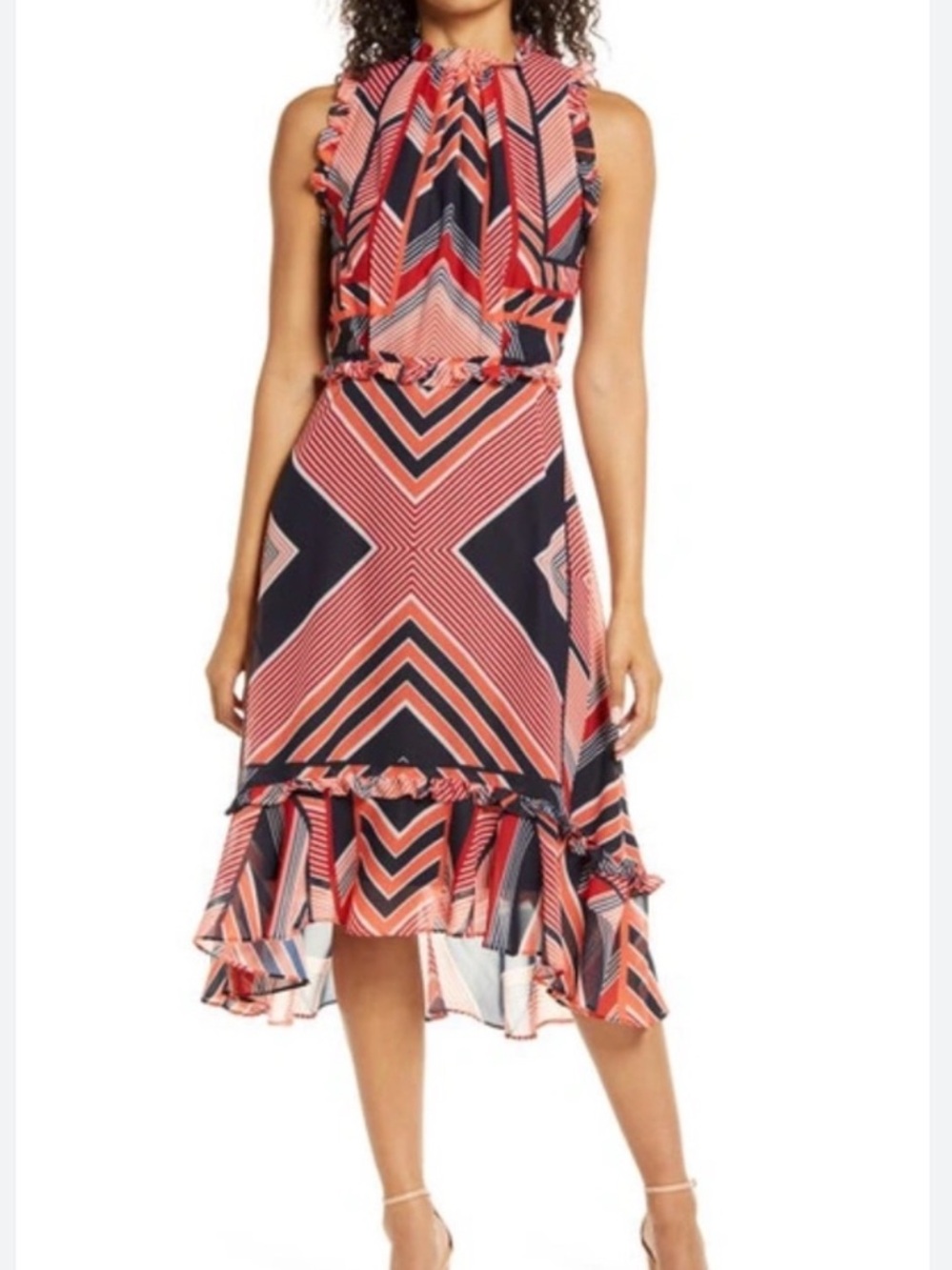 Julia Jordan Geometric Print Mock Neck Ruffle Midi Dress NWT Size 12